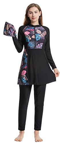 Odizli Burkini Damen Muslim Langarm Zipper Blumen Badeshirt+Schwimmhose+Badekappe 3tlg Ganzkörper Islamisch Modest Bademode