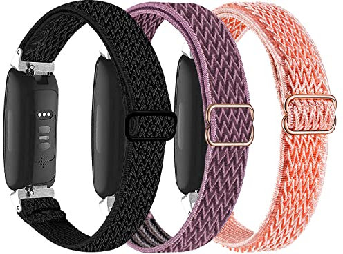 Nigaee 3 Stück Nylon Armband Kompatibel mit Fitbit Inspire 2, Atmungsaktives Verstellbares Gewebte Stoff Ersatzarmband für Damen Herren