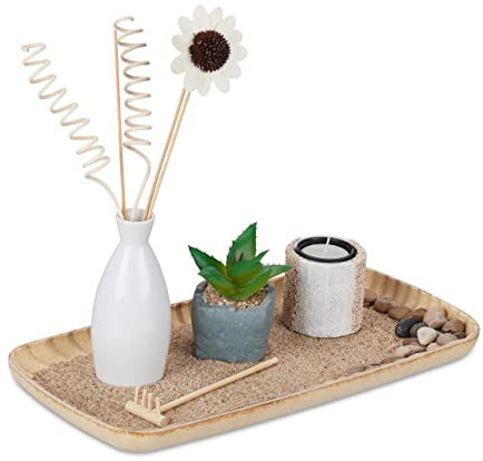 Relaxdays Vassoio Portacandele, Set Giardinetto Zen con Sabbia e Pietre, Piantina Grassa Deco, Centrotavola, Multicolore, 26 x 34 x 17,5 cm