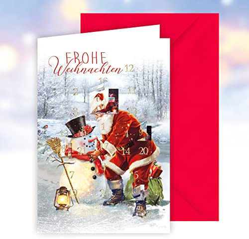 KE - Adventskalender Set mit Klappkarte und Umschlag, DIN A6, Hochwertige Folienprägung, Perfekt für Weihnachtsgrüße, Motiv: Weihnachtsmann