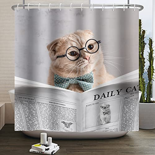 SDOTPMT 180x180cm Katze Lesen Duschvorhang Süß Cartoon Lustiges Tier Lesen Zeitung Toliet Außergewöhnliche Comic Muster Badezimmer Vorhang für Pet Lover Nach Hause Badewannen Dekor Set mit Hook