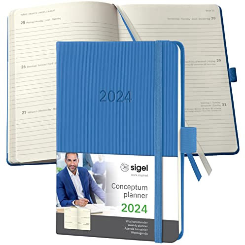 SIGEL C2469 Terminplaner Wochenkalender 2024, ca. A6, blau, Hardcover, 176 Seiten, Gummiband, Stiftschlaufe, Archivtasche, PEFC-zertifiziert, Conceptum