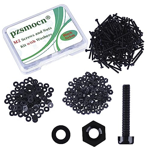 Pzsmocn 300 Stück/100 Sätze M2*20 mm Schwarzes Nylon Kunststoff Kreuzschlitz Rundkopfschrauben-Sechskantmuttern mit Isolierscheibe Standardgröße, für Heimwerker und Elektronische Montage.