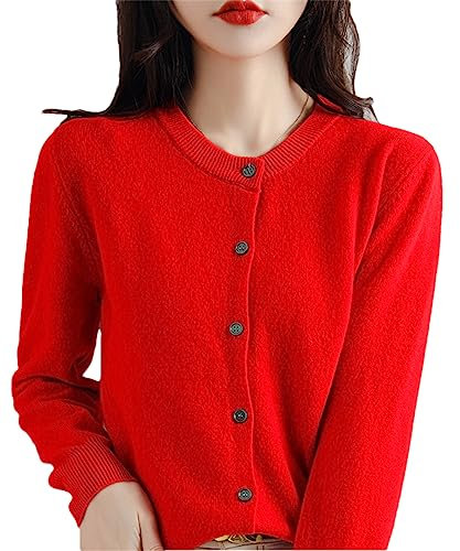 Women's Cashmere Cardigan Round Neck Sweater Spring Autumn Winter Long Sleeve Knitted Solid Color Soft Cardigan Sweater red M