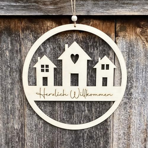 Willkommensschild - Trockenblumenkranz - Türkranz Trockenblumen - Herzlich Willkommen bei - Türkranz personalisierbar - Türhänger Familie (24cm, Ohne Trockenblumen)