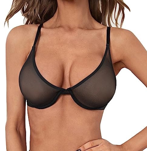 Women Sexy Lingerie See Through Sheer Lace Bra Push Up Half Cup Strappy Bras Seamless Breathable Comfy Underwear Black
