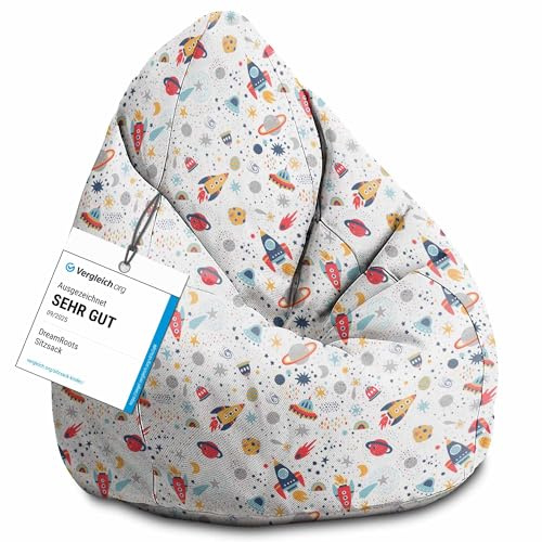 DreamRoots Sitzsack Kinder 80x80x120, It's Fun in the Space | Bean Bag Kinder mit Lehne, Hocker & Bezug, Sitzkissen Boden, Bubibag, mit Füllung, Kinderzimmer