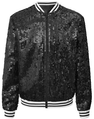 inhzoy Unisex Kinder Glänzende Pailletten Jacke Langarm Glitzer Bomberjacke Mit Reißverschluss Sport Freizeitjacke Streetdance Hip Hop Jacke Schwarz_A 146-152
