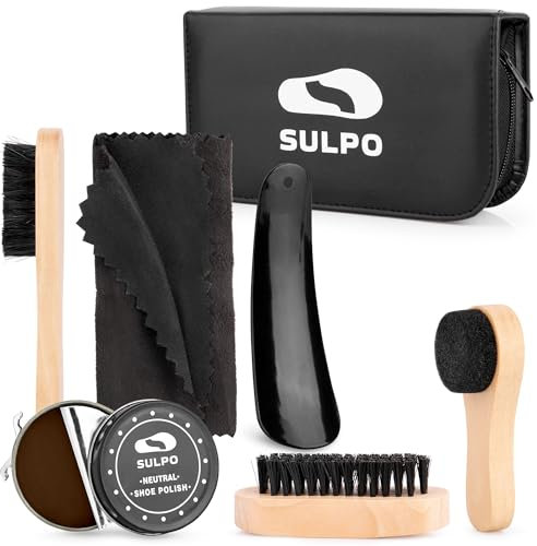 SULPO Kit pour Cirage de Chaussures - Kit d'entretien de Bottes en Cuir de Voyage 8 Pièces - Leather Shoe Shine Kit with Brown/Cirage Blanc Wax, Shoe Brushes for Polishing