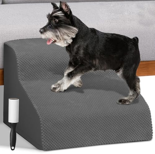BAKAJI Escalera para Mascotas con 2 peldaños y Rodillos, Revestimiento extraíble de Tejido Acanalado, rampa para Gatos y Perros Mayores, Escalera Acolchada de Espuma de Alta Densidad (Gris)