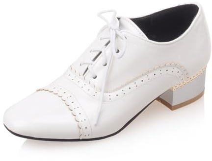 SHEMEE Chunky Heels Oxfords for Women Patent Leather Mid Low Heels Pumps Retro Wingtip Laced Brogues Shoes White,Size 8.5
