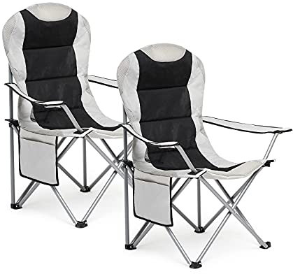 Mondeer Campingstuhl Faltbar 2er Set, Klappstuhl Gepolster Anglerstuhl mit Getränkehaltern und Seitentasche für Camping Garten Balkon Strand, bis 120kg, Hellgrau