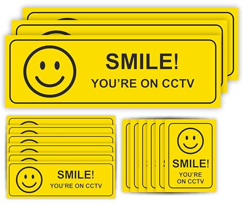 15-Pack Smile You're On CCTV Stickers for Home or Commercial/Security Signs for Walls, Window, Doors/CCTV in Operation Sticker in Various Shapes and Sizes to Use for Friendlier Security Deterrence