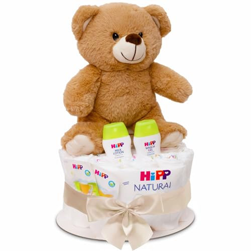MilaBoo® beige Windeltorte mit kuscheligen kleinen Teddybär I hochwertiges Neugeborenen Geschenk mit Windeln und Produkten I persönliches Babygeschenk zur Geburt (beige klein)