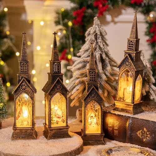 Weihnachtsdeko Laterne, 4 Stück Weihnachtslaterne mit LED Licht Weihnachten Deko Laterne mit Elch Muster Häuser Laterne Beleuchtete Batteriebetrieben Weihnachtslaterne für Party Deko