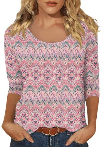 Tshirt Damen 3/4 Arm Sommer U-Ausschnitt Stretch T-Shirts Herbstmode | Sport Overzised 3/4 Ärmel Einfarbige/Blumenmuster T-Shirt Klassische Blusen für Alltag Büro Freizeit