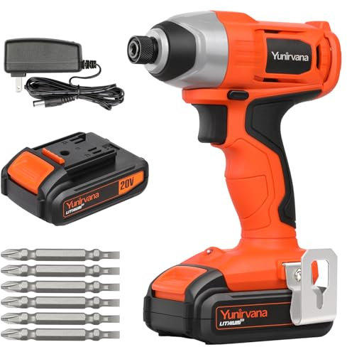 Rechargeable Impact Driver 20V, Yunirvana Variable Speed (0-2800RPM) Cordless Impact Driver with 6Pcs Screwdriver bits,1.3Ah Battery and Charger,Suitable for Tightening Screws