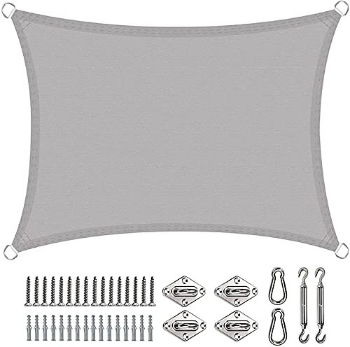 Grande tenda parasole a vela 5,5 x 6 m, in tessuto anti UV, riparo per patio, terrazza, giardino, piscina, grigio chiaro