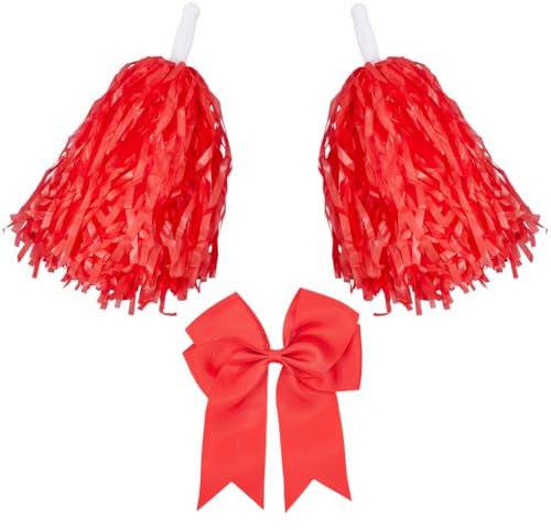CREATCABIN Cheerleading Pompons Große Cheerleader Haarschleife Metallischen Folienpompons Anfeuern Für Sportveranstaltungen Cheerleading Team Tanzen Rooters Zubehör Team Fußball Baseball Softball Rot