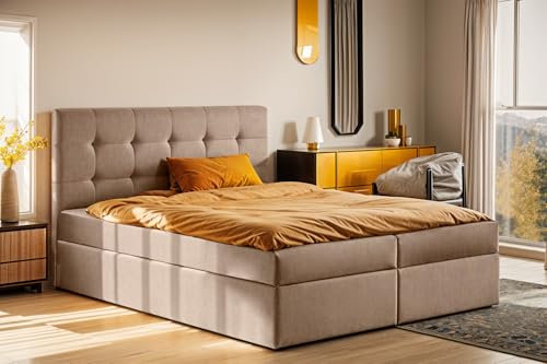 Kaiser Möbel - Bett 140x200 cm, Boxspringbett mit Matratze und Bettkasten, Polsterbett für Schlafzimmer, Jugendzimmer, Doppelbett mit Stauraum und hohem Kopfteil, Bonellmatratze - LUDANO - Beige