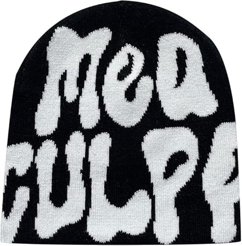 Generisch Beanie Mütze Herren Damen Teenager Y2k Cap Winter Knit Skater Mütze Hip Hop Strickmützen Baumwolle MEA Culpa Printed Y2k Beanie Cap Hat