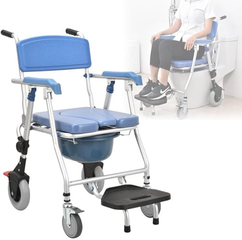 vanenferse Silla Ducha WC con Ruedas Plegable Ancianos, 3 En 1 Silla para WC Y Ducha con Brazo Y Respaldo, Silla Inodoro para Personas Mayores Y Discapacitadas, Soporta hasta 150 kg