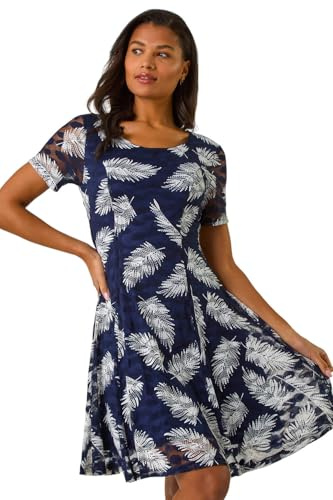 Roman Originals Rose Print Lace Stretch Dress for Women UK - Ladies Everyday Autumn Winter Scooped Neckline Comfy Soft Evening Vacation Work Party Night Out - Navy - Size 20