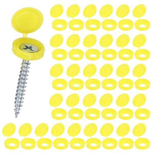 M METERXITY 100-Pack Plastic Hinged Screw Cover Caps, 5mm Shutter Screws with Caps, Fold Snap Washer Covers, Washer Flip Protection Covering M3 M4 M5 Screws Heads [Yellow]
