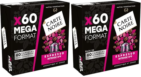 Carte Noire, Espresso Intense, Nespresso Compatible Aluminium Capsules, 2 Pack of 60 Coffee Pods, 100% Arabica, Dried Fruit and Chocolate Notes, Intensity 9/10, Rich and Lasting Taste