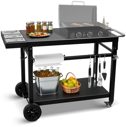 Wanchao Schwarzer Gusseisen-Grillwagen mit 2 Ablagen und Rollen, robuster Pizzaofenständer für Blackstone Ninja, Outdoor-Kochstation mit robuster Tischplatte