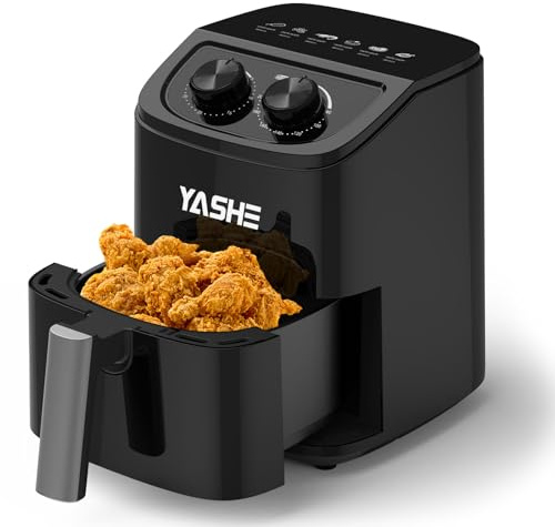 YASHE 2,3L Friggitrice ad Aria per 1–2 Persone, Compatta Air Fryer con 6 Opzioni di Menu, Doppia Manopola per Temperatura e Timer, Circolazione D’aria 3D, Cottura Sana Senza Olio