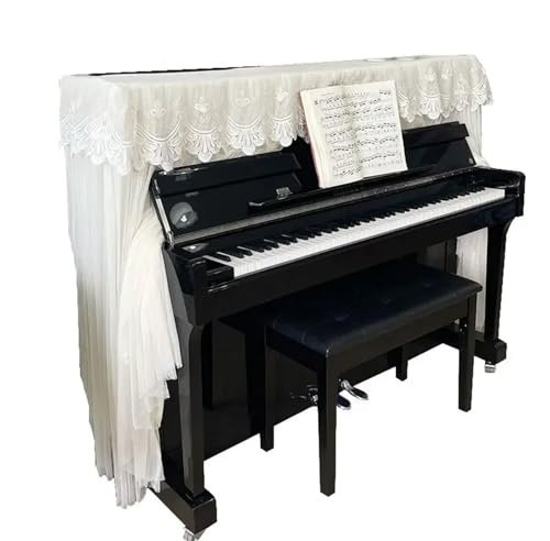 Klavier Flügel Abdeckung Weiße, mit Spitze bestickte Klavierabdeckung, doppellagige Gaze-Saum-Klavierschutzhülle, Klavier überzogenes Hockerkissen(147-150cm)