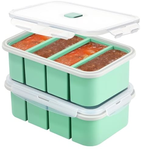 Esyhomi Soup Cube Silicone Freezer Tray, 2 Pack 1000ML Silicone Freezer Moulds with Lid, 4-Compartment, Makes 8 1-Cup Portions Cubes, Storage Food Soups & Meal Prep