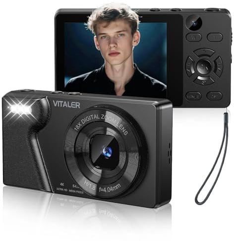 Cámara Digital 64MP 4K Cámara de Fotos Compacta con Doble Lente,Pantalla LCD 2,8 Pulgadas,Batería de 2000 mAh,Carcasa de Aleación de Zinc y Zoom Digital 18X para Niños y Adultos(Negro,SIN Tarjeta SD)