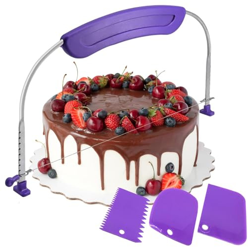 Cake Leveller Cutter – 11 Inch Adjustable Stainless Steel Cake Slicer with Non‑Slip Handle, Includes Cake Smoother Tool, Ideal for Layered Cakes Baking & Slicing (Purple)