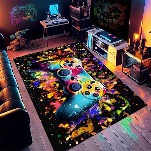 Kuluoits Gaming Controller Teppich, 140x200cm, Abstrakter, Farbenfroher Graffiti-Gamecontroller-Teppich für Kinder Jugendzimmer, rutschfeste Spielmatte für Jungen- und Mädchenzimmer, Wohnzimmer