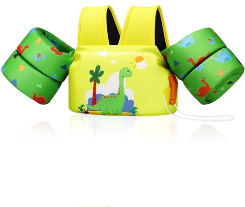 MoKo Gilet da Nuoto per Bambini, Galleggianti da Braccio per Nuoto 22-66 lbs Ragazzi e Ragazze, Galleggianti Giubbotti da Piscina Banda Braccio Cartone Animato, Dinosauro Verde Giallastro