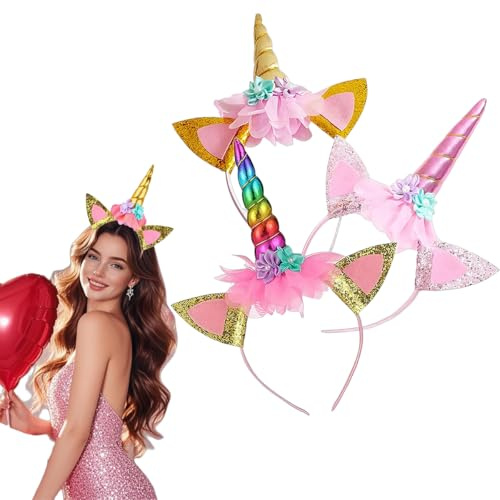 3 Pièces Serre Tete Licorne Multicolore pour Adulte Femme – Bandeau Esthétique avec Fleurs et Oreilles – Accessoire Confortable et Résistant pour Fêtes et Anniversaires (doré, Rose, Multicolore)