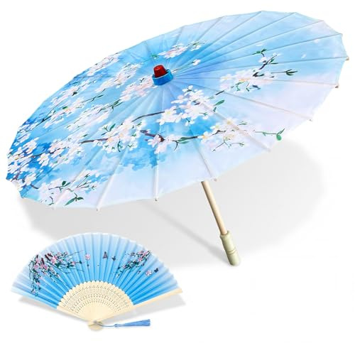 Maitys Chinese Wedding Parasol Set, 32 Silk Umbrella with Folding Fan | for Wedding Photo Props, Sunshade, Bamboo Frame and Silk Fabric, Traditional Floral, Ideal for Oriental Gift, Blue and White