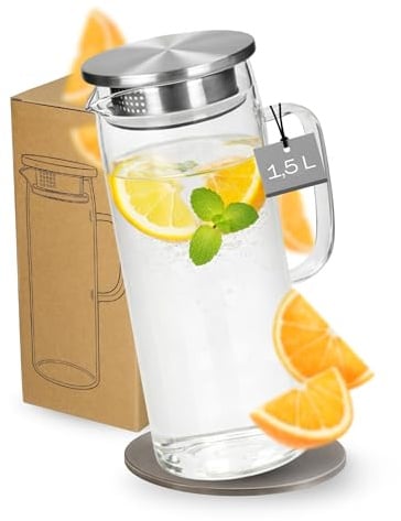 Jarra de cristal con tapa, 1,5 litros, de vidrio de borosilicato, jarra de agua con filtro fino gracias al colador, elegante jarra para agua, líquido amniótico y té helado en la vida cotidiana y la