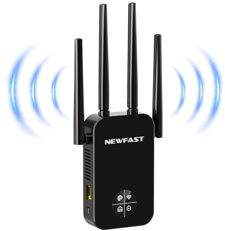 NEWFAST Ripetitore WiFi Potente per Casa, 1200Mbps WiFi Extender Dual Band | 2.4GHz/5GHz con 4 Antenne ad Alto Guadagno, Porta Ethernet, WPS, Display Intelligente, Supporta 3 Modalità(Nero)