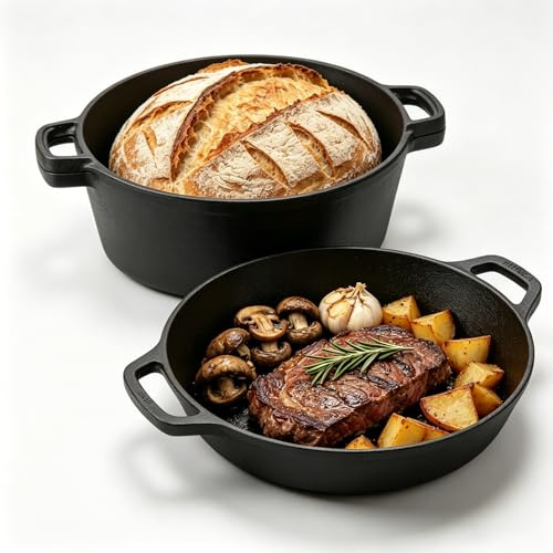 Cast Iron Dutch Oven 5QT with Skillet Lid, Dual Handles, for Bread & Stew | 2-in-1 Lid, Induction & Gas Compatible, Camping, BBQ, Grill, Oven Safe, Pre-Seasoned, 26cm