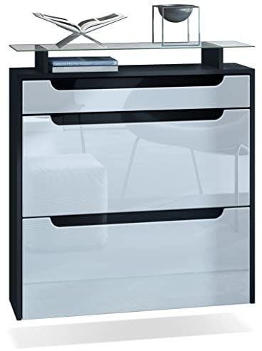 Vladon Schuhschrank Annie, Schuhkipper für 16 Paar Schuhe mit 2 Klappen, 1 Schublade und Glasablage, Schwarz matt/Weiß Hochglanz/Schwarz Hochglanz (89 x 96 x 23 cm)