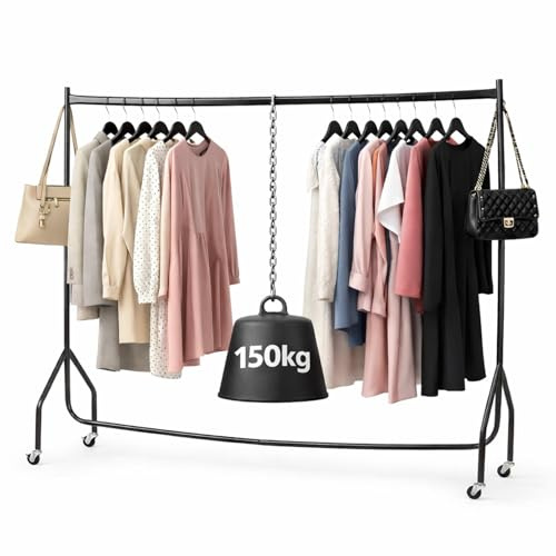 Extra Heavy Duty Clothes Rail 150kg Capacity 5ft L x 5ft H Metal Garment Rack, Lockable Wheels Portable, No Tool Assembly, Powder Coated Black, Strong & Durable for Home or Shop