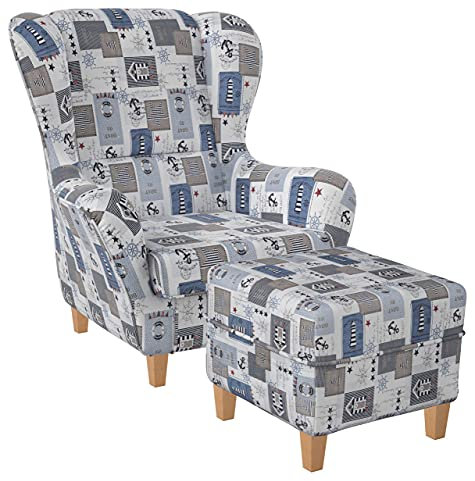 Supellex Ohrensessel »Sofia«, Design Patchwork Maritime Motive, Leuchtturm, Anker, blau (Design-Nr.: 5120), wahlweise mit Hocker