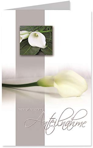 10 Trauerkarte Weiße Calla mit Text - Herzliche Anteilnahme - in Silberfolie - 9,5 x 16 cm - weiss - mit passenden Umschlägen - Gustav Neuser