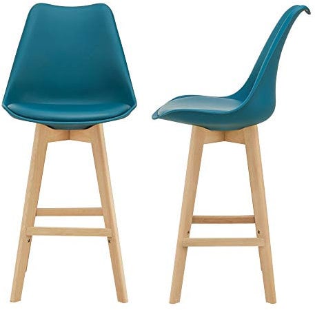 [en.casa] Juego de taburetes de Bar 105 x 48 x 58cm Set de 2X Taburetes de Cocina de diseño Asiento Acolchado Patas de Madera Haya Turquesa