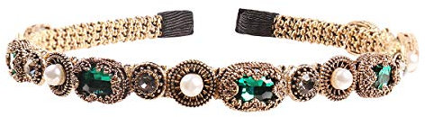 YARN & INK Serre-tête fin et luxueux pour femmes et filles avec strass vert émeraude et perles de cristal, accessoires pour cheveux, antidérapant, cadeau de Noël vintage (vert)