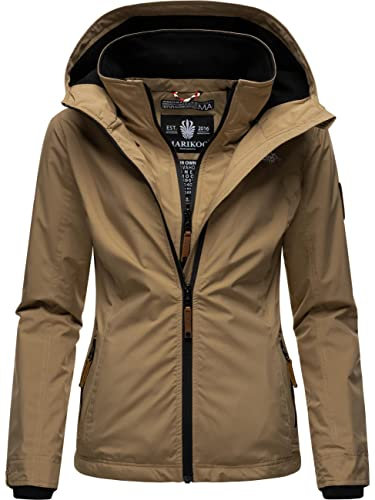 MARIKOO leicht gefütterte Damen Übergangsjacke Kurze Sommerjacke mit kuscheligem Fleece-Innenfutter und großer Kapuze Erdbeere Taupe Gr. M
