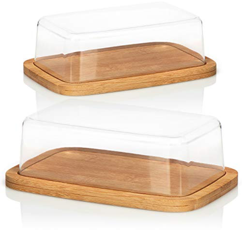 COM-FOUR® 2x beurrier - grand dôme à beurre avec bois - beurrier avec couvercle - beurrier 19 x 12,5 x 6 cm (2 x bambou marron)